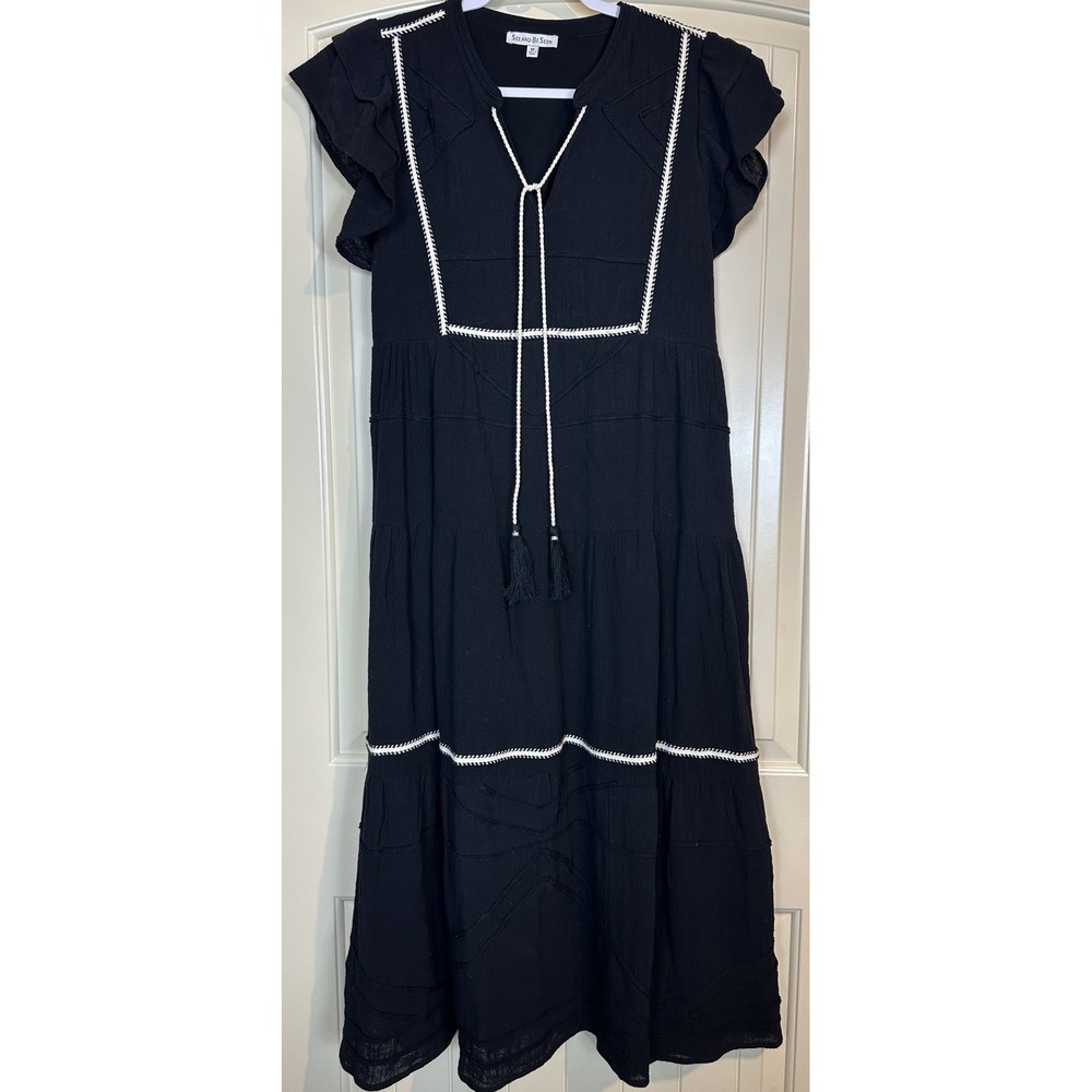 See N Bee Seen SZ M Women's Boho Peasant Tribal tiered Cotton Maxi‎ Dress black